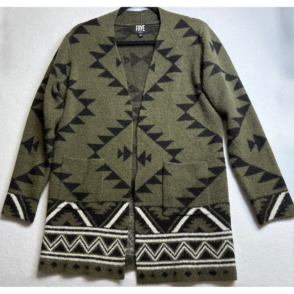 Frye Womens Southwestern Geometric Open Front Cardigan Olive Green Size S - Picture 3 of 12